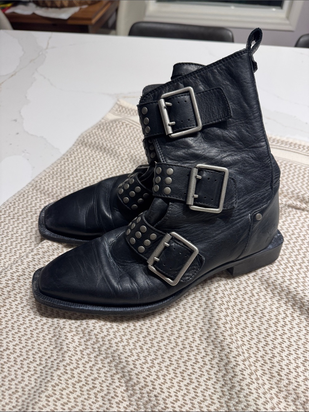 John Fluevog Black Leather Studded Triple-Buckle Ankle Boots